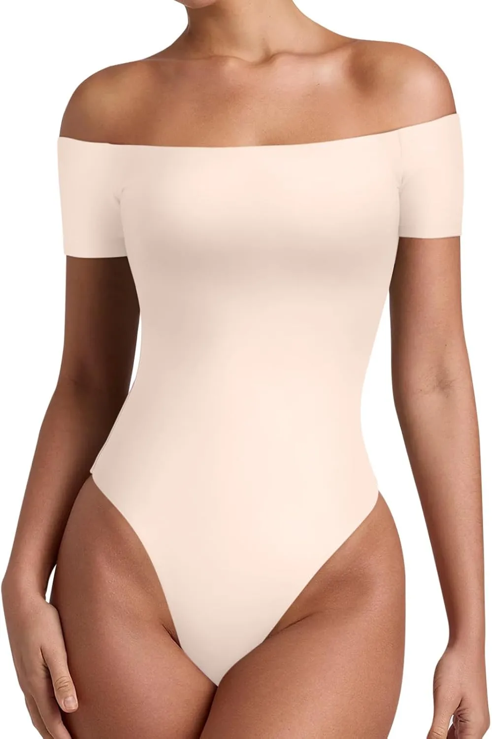 REORIA Women Sexy Off The Shoulder Short Sleeve Backless Basic Double Lined Thong Bodysuit Tops