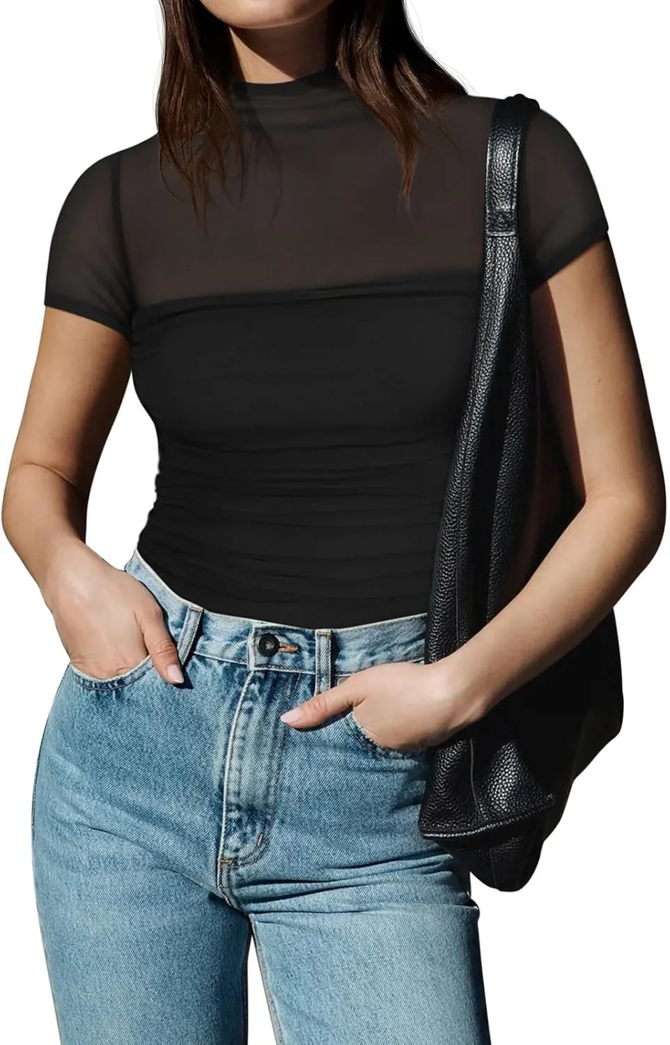 REORIA Women's Sexy Mock Turtle Neck Short Sleeve Shirts Sheer Mesh Ruched Trendy Going Out Bodysuits Tops