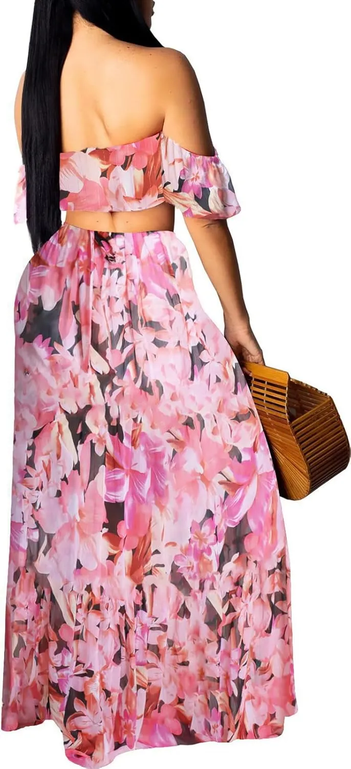 Sexy Two Piece Sets for Women Vacation Elegant Sleeveless Top Long Split Maxi Dress Beach Swimwear