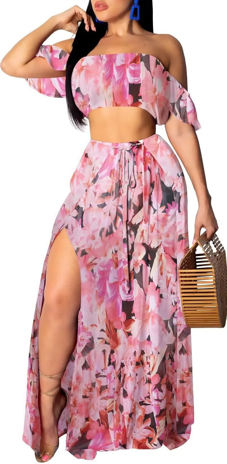 Sexy Two Piece Sets for Women Vacation Elegant Sleeveless Top Long Split Maxi Dress Beach Swimwear