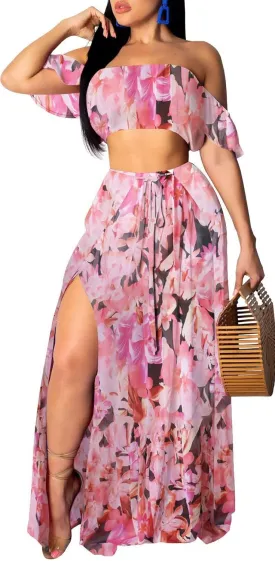 Sexy Two Piece Sets for Women Vacation Elegant Sleeveless Top Long Split Maxi Dress Beach Swimwear