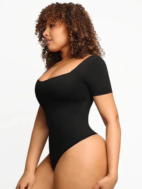 Short Sleeve Square Neck Tummy Control Shapewear Bodysuit