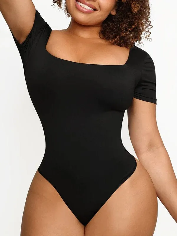 Short Sleeve Square Neck Tummy Control Shapewear Bodysuit