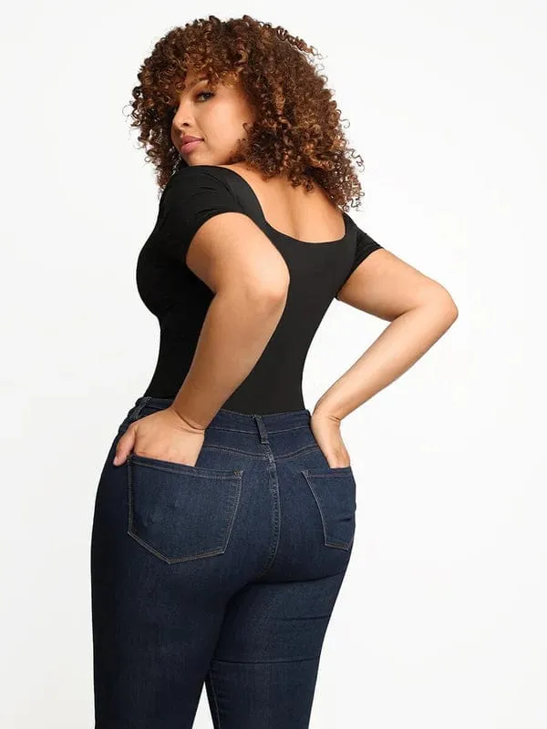 Short Sleeve Square Neck Tummy Control Shapewear Bodysuit