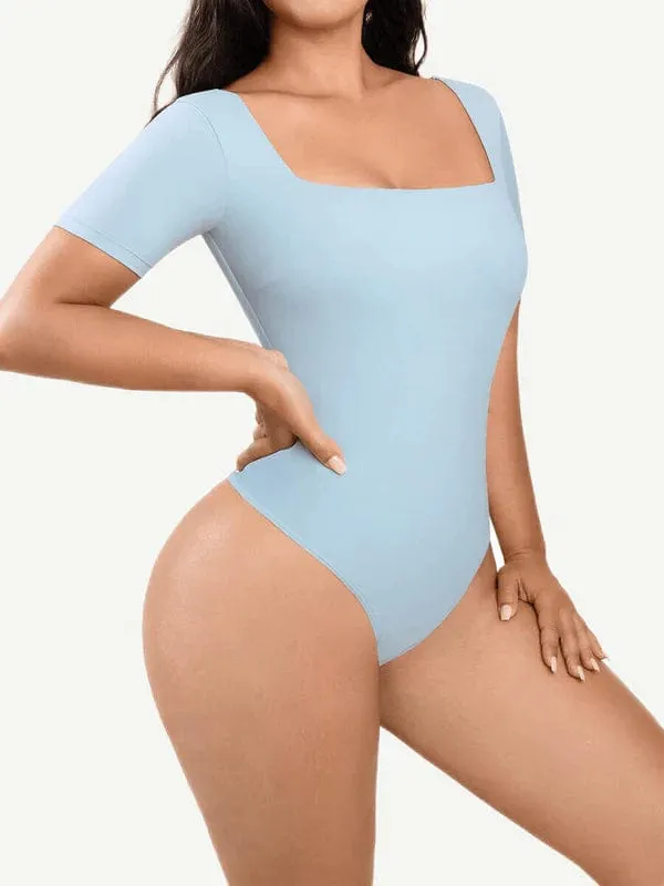 Short Sleeve Square Neck Tummy Control Shapewear Bodysuit