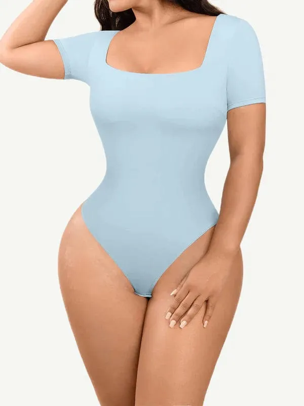 Short Sleeve Square Neck Tummy Control Shapewear Bodysuit