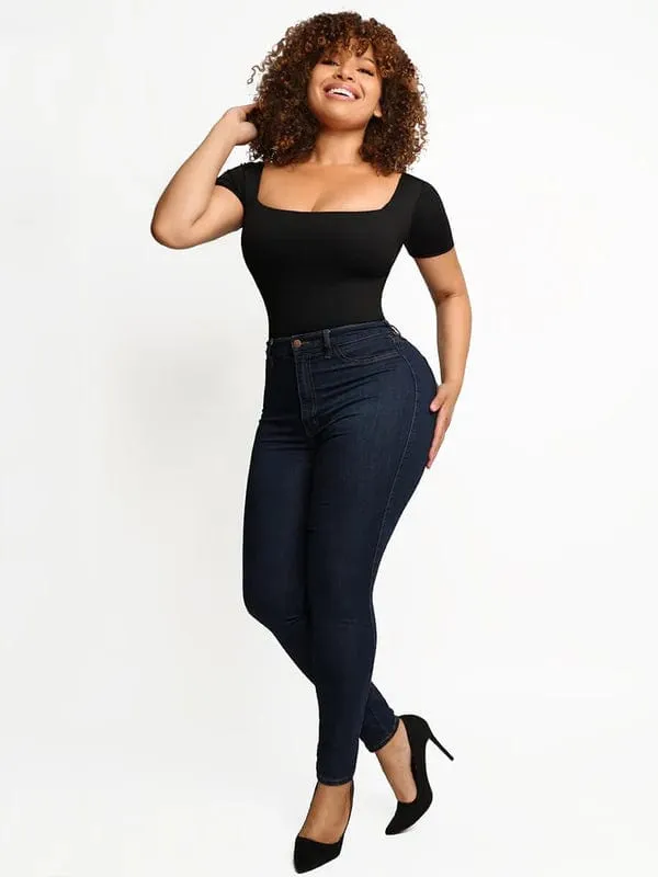 Short Sleeve Square Neck Tummy Control Shapewear Bodysuit