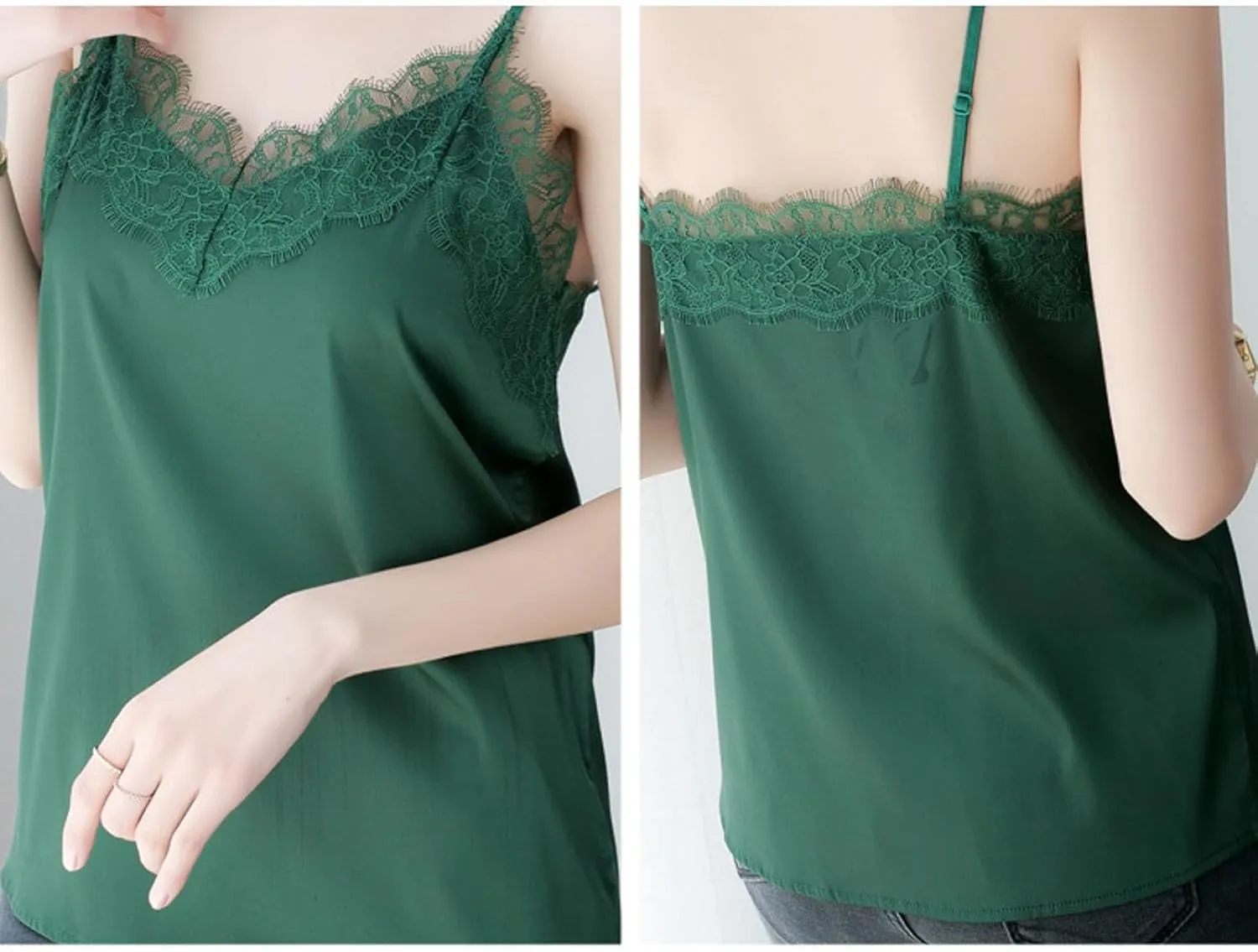 Silk Camisole Tops for Women Sexy V-Neck Silk Satin Tank Tops Lace Trimmed Camisole Soft Spaghetti Strap Loose