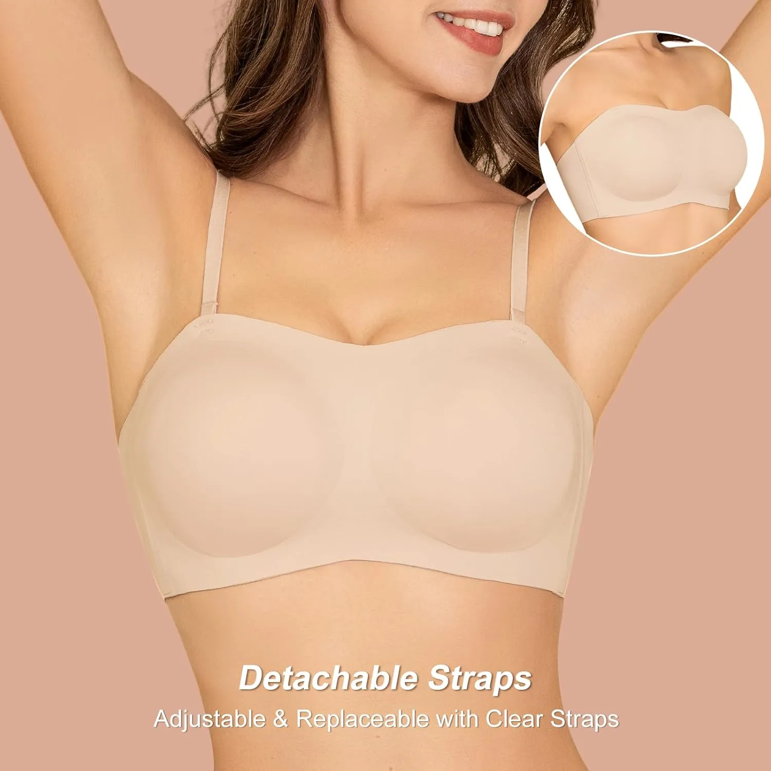Strapless Bras for Women, S-2XL, Invisible Wireless Padded Bandeau Top, Anti-Slip Design with Removable Straps
