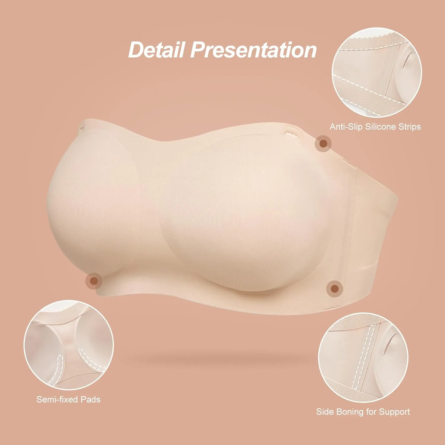 Strapless Bras for Women, S-2XL, Invisible Wireless Padded Bandeau Top, Anti-Slip Design with Removable Straps