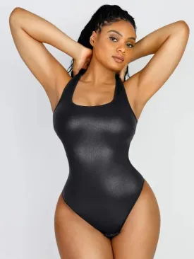 Stretchy Tummy Control Faux Leather Shapewear Bodysuit