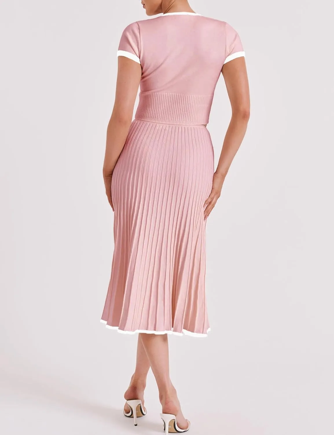 Tanming Women's Two Piece Skirt Set Casual Short Sleeve Crop Top Ribbed Knit Midi Pleated Skirt