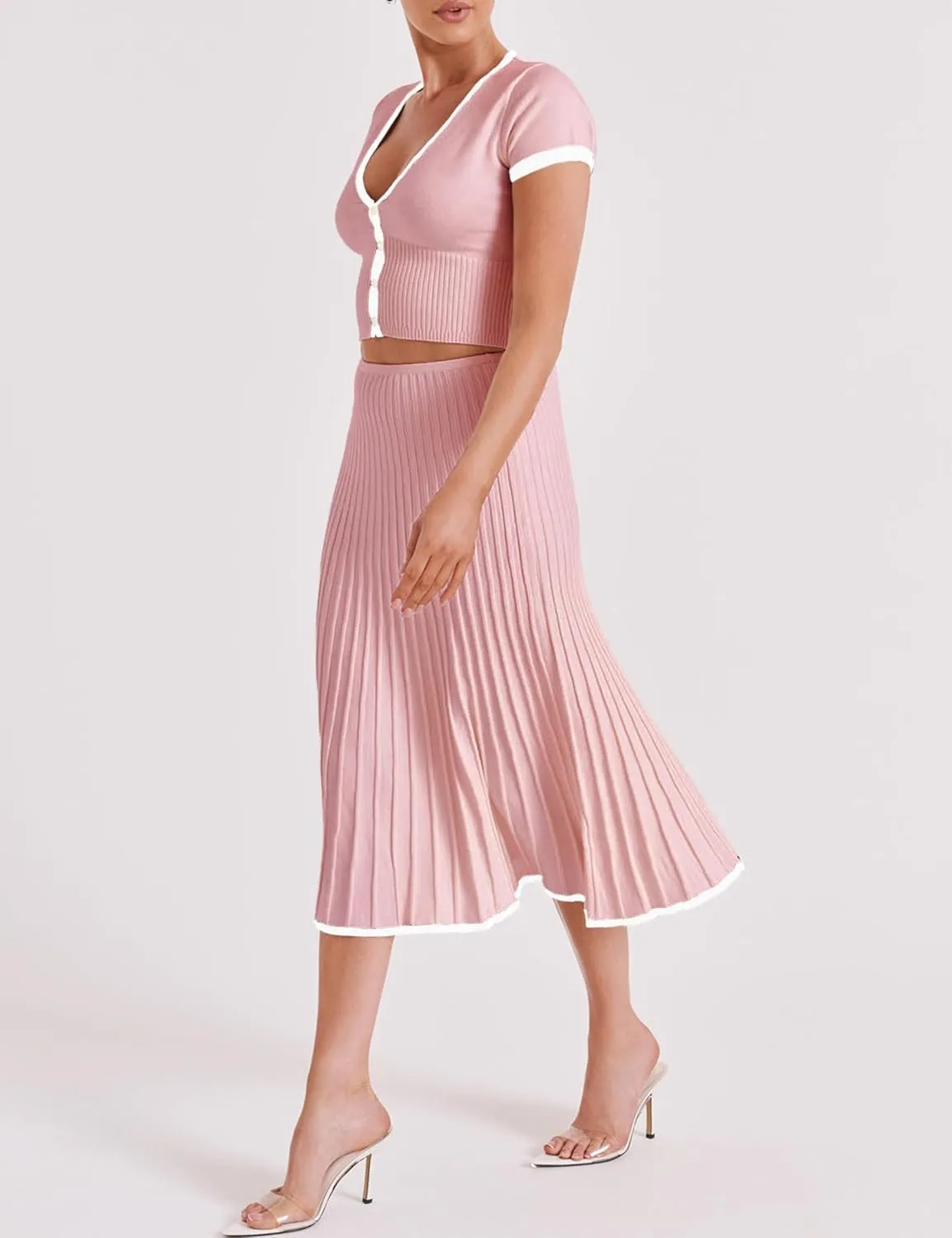 Tanming Women's Two Piece Skirt Set Casual Short Sleeve Crop Top Ribbed Knit Midi Pleated Skirt