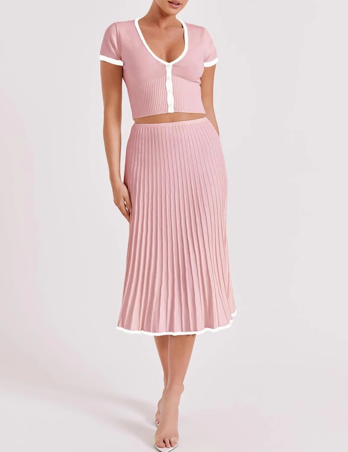Tanming Women's Two Piece Skirt Set Casual Short Sleeve Crop Top Ribbed Knit Midi Pleated Skirt