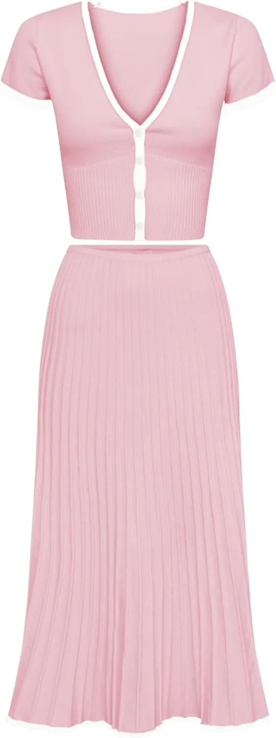 Tanming Women's Two Piece Skirt Set Casual Short Sleeve Crop Top Ribbed Knit Midi Pleated Skirt