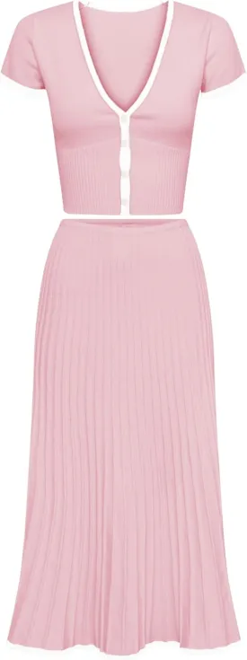 Tanming Women's Two Piece Skirt Set Casual Short Sleeve Crop Top Ribbed Knit Midi Pleated Skirt