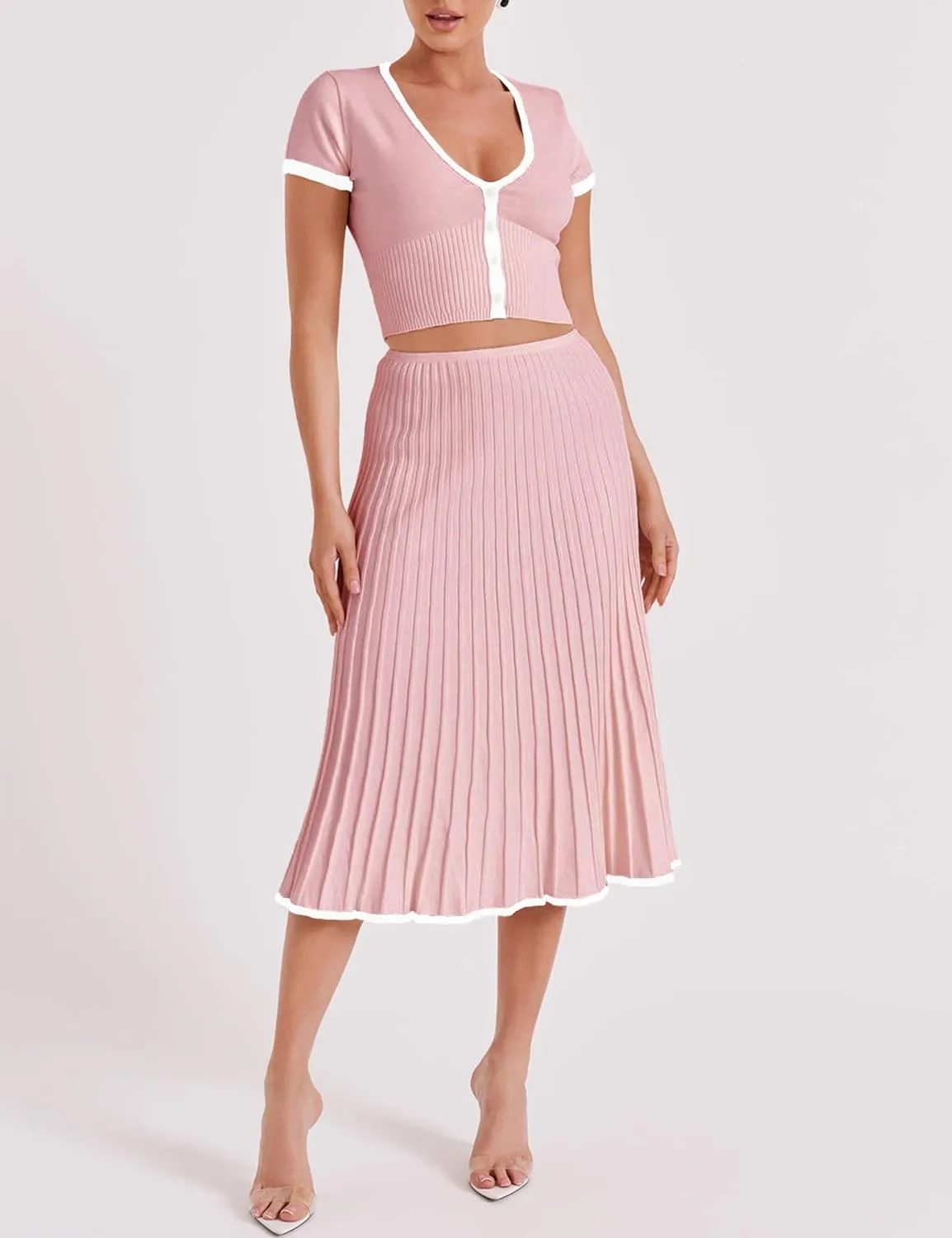 Tanming Women's Two Piece Skirt Set Casual Short Sleeve Crop Top Ribbed Knit Midi Pleated Skirt