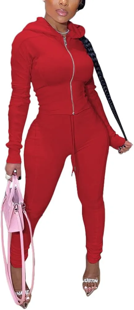 TOPSRANI Women Two Piece Outfits Bodycon Tracksuit Sweatsuits Hoodie Solid Jogger Workout Lounge Zipper Long Sleeve Pant Sets
