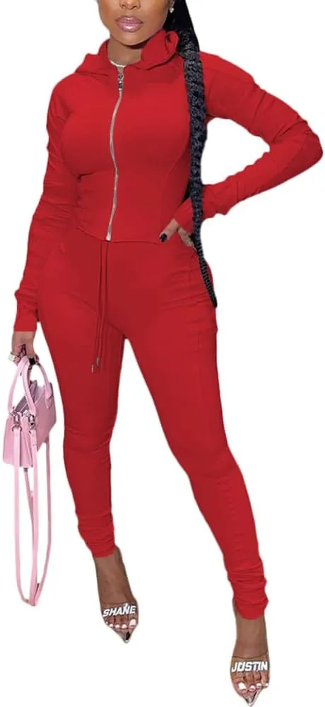 TOPSRANI Women Two Piece Outfits Bodycon Tracksuit Sweatsuits Hoodie Solid Jogger Workout Lounge Zipper Long Sleeve Pant Sets