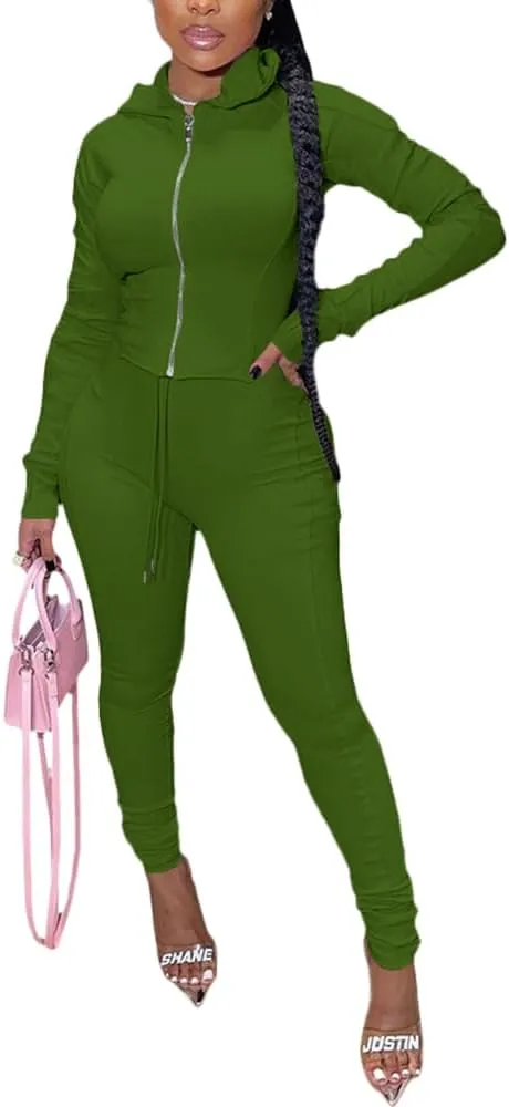 TOPSRANI Women Two Piece Outfits Bodycon Tracksuit Sweatsuits Hoodie Solid Jogger Workout Lounge Zipper Long Sleeve Pant Sets