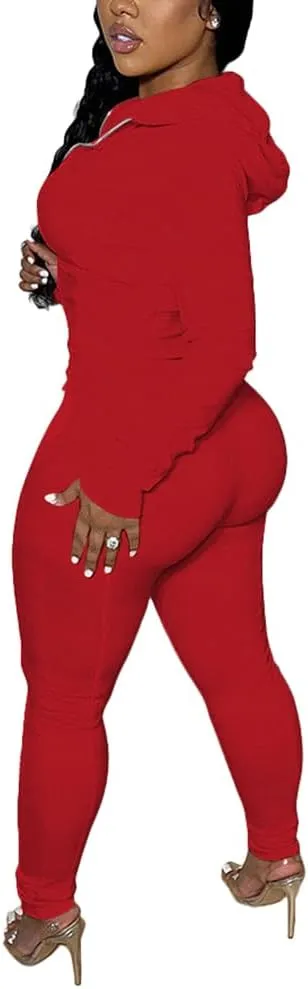 TOPSRANI Women Two Piece Outfits Bodycon Tracksuit Sweatsuits Hoodie Solid Jogger Workout Lounge Zipper Long Sleeve Pant Sets