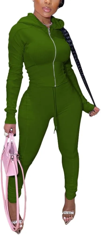 TOPSRANI Women Two Piece Outfits Bodycon Tracksuit Sweatsuits Hoodie Solid Jogger Workout Lounge Zipper Long Sleeve Pant Sets