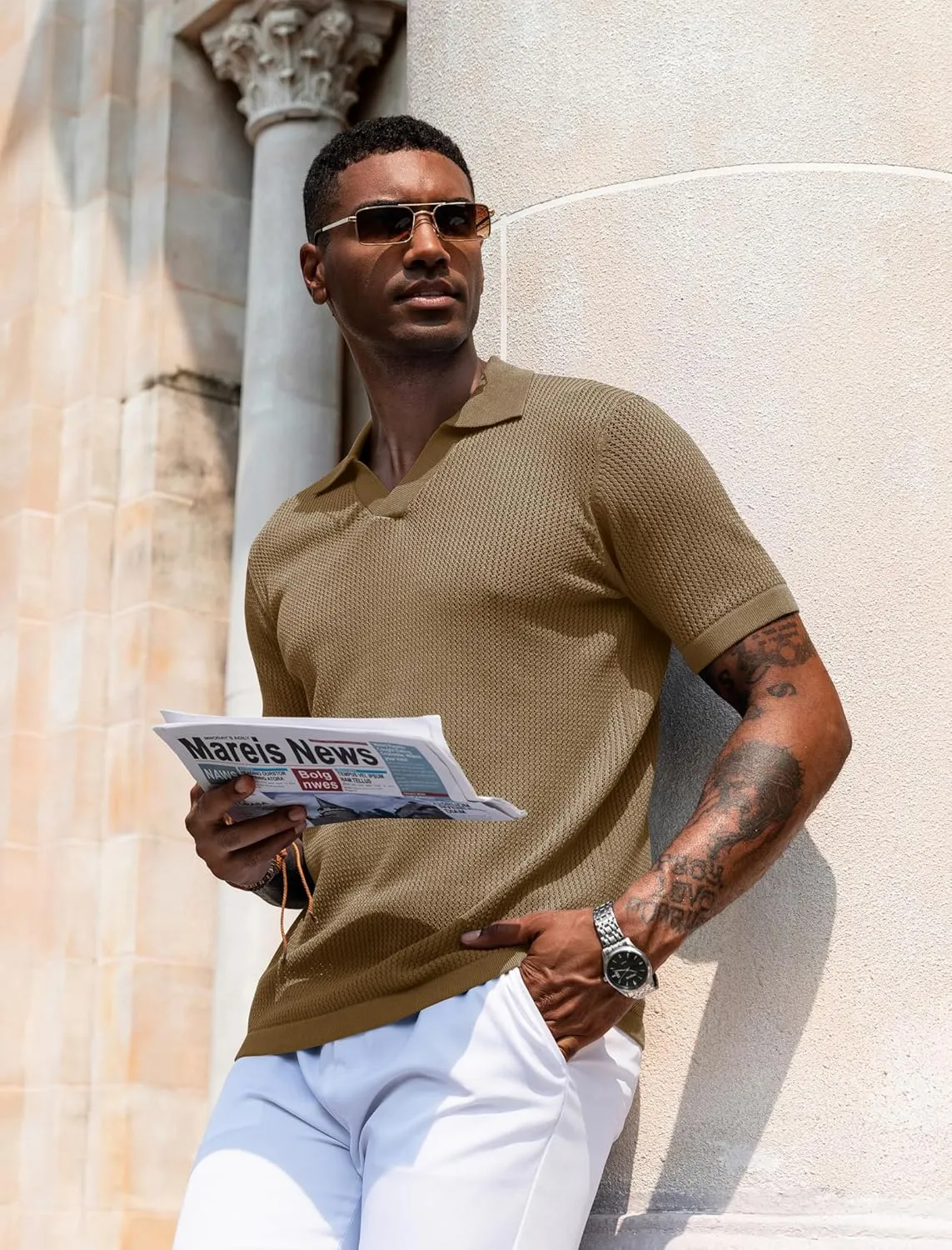 URRU Mens Polo Shirt Summer Casual Short Sleeve Hollow Out Shirts V Neck Lightweight Knitted Mesh Polo Shirt