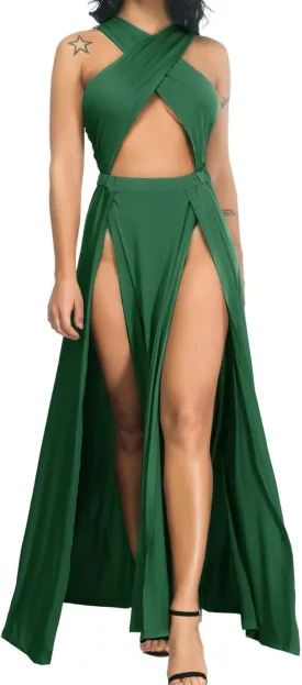 Velius Women Sexy Hollow Out Halter Wrap Sleeveless Plain Pleated Slit Casual Long Maxi Dress