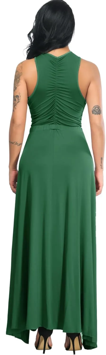 Velius Women Sexy Hollow Out Halter Wrap Sleeveless Plain Pleated Slit Casual Long Maxi Dress
