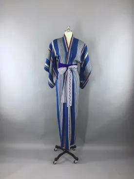Vintage 1930s Silk Kimono Robe / Blue Stripes