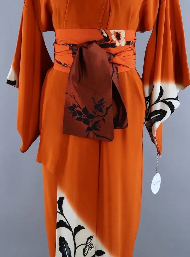 Vintage 1940s Silk Kimono Robe / Art Deco Orange Arabesque Vines