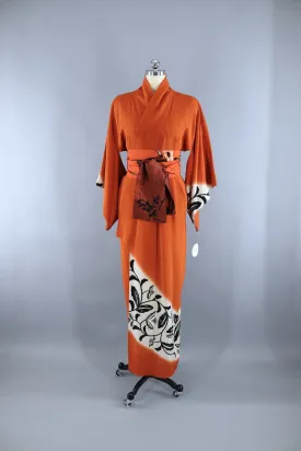Vintage 1940s Silk Kimono Robe / Art Deco Orange Arabesque Vines