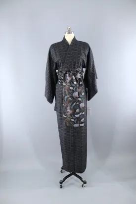 Vintage 1950s Silk Kimono Robe / Blue & Black Dotted Ikat