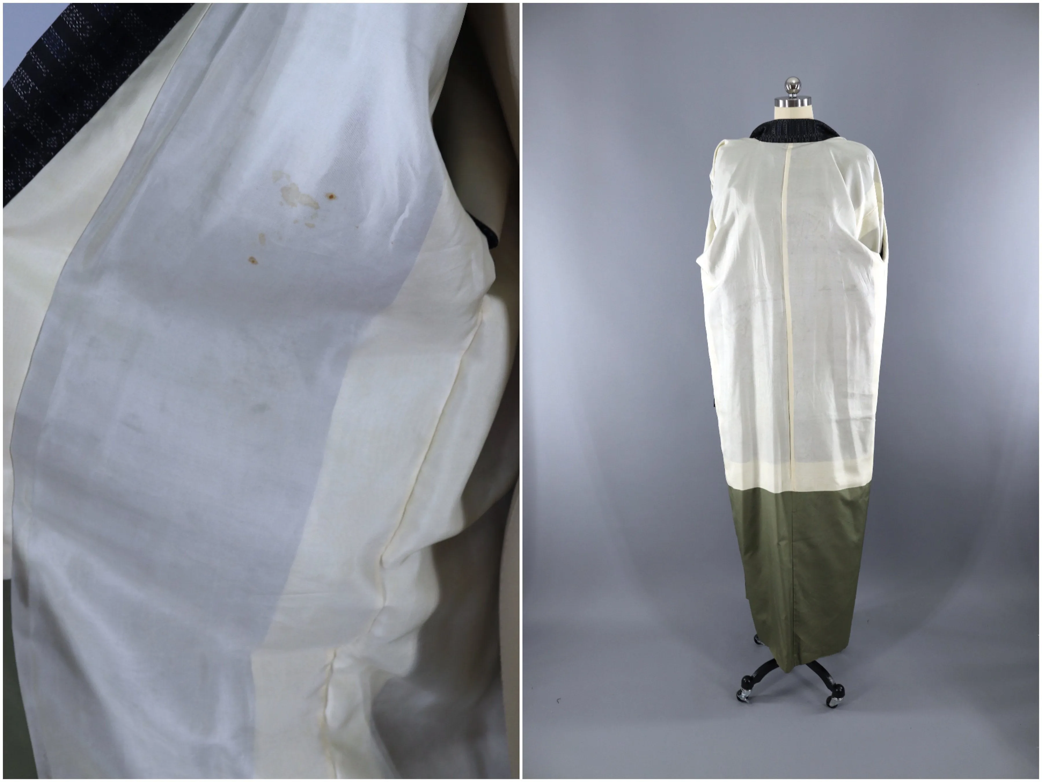 Vintage 1950s Silk Kimono Robe / Blue & Black Dotted Ikat