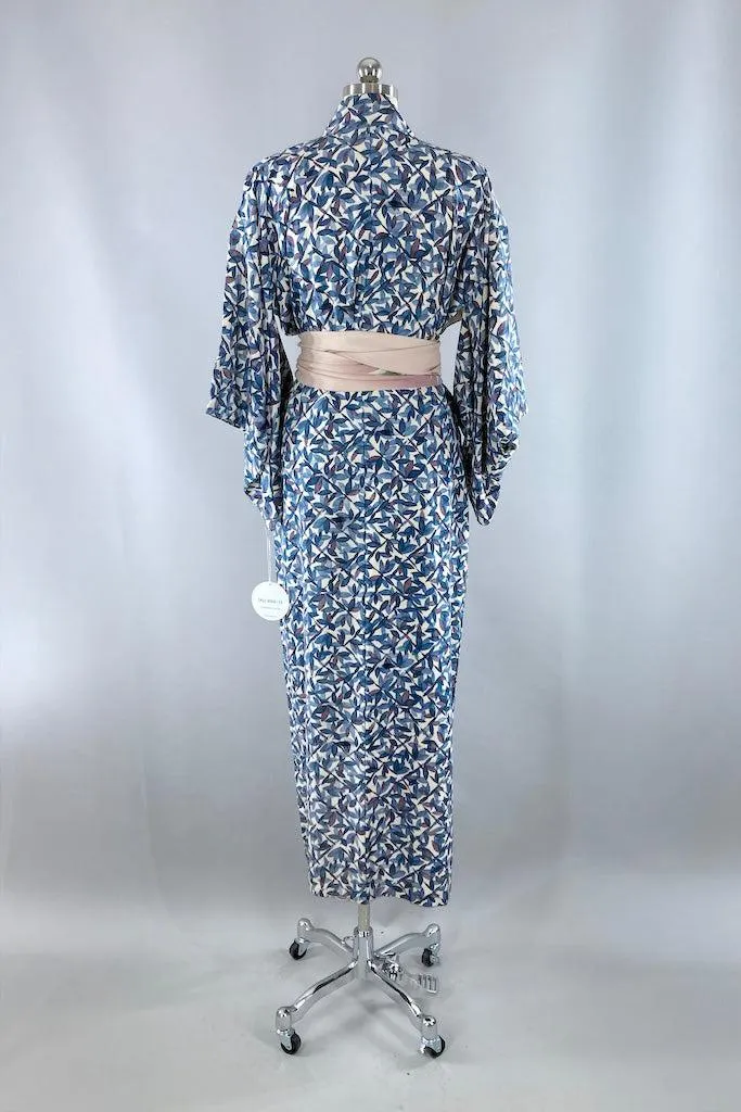 Vintage 1960s Blue Leaves Silk Kimono
