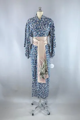 Vintage 1960s Blue Leaves Silk Kimono