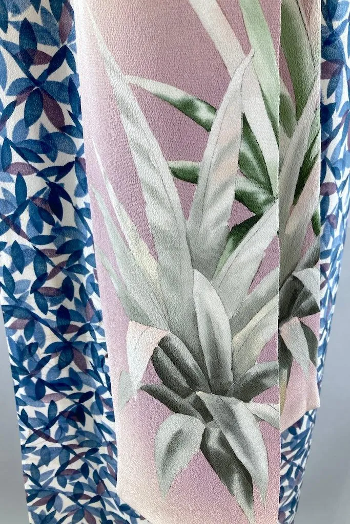 Vintage 1960s Blue Leaves Silk Kimono