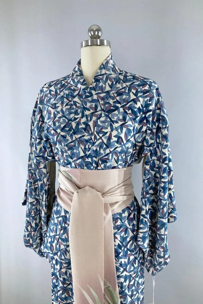 Vintage 1960s Blue Leaves Silk Kimono