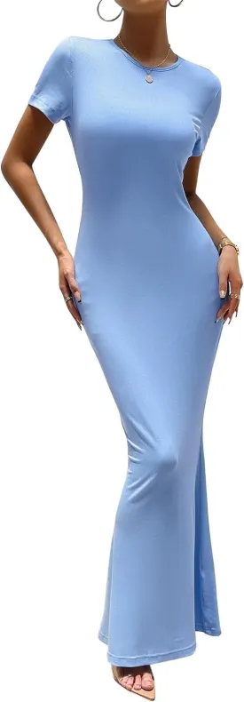 VintageClothing Women's Summer Bodycon Maxi Dress Casual Short Sleeve Y2k Sexy Tight Long Dresses Lounge Ribbed Tshirt Dress