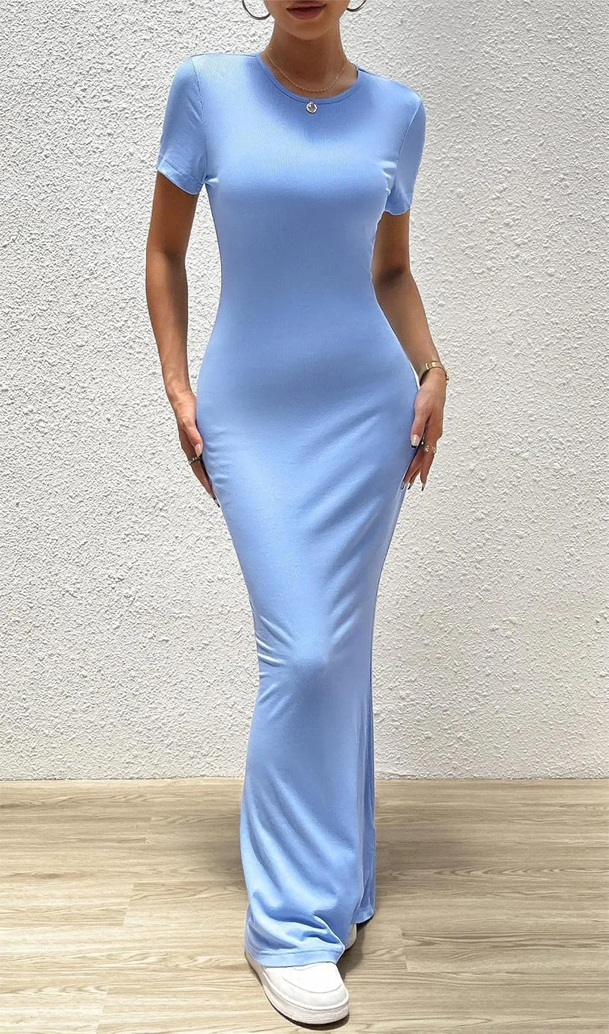 VintageClothing Women's Summer Bodycon Maxi Dress Casual Short Sleeve Y2k Sexy Tight Long Dresses Lounge Ribbed Tshirt Dress