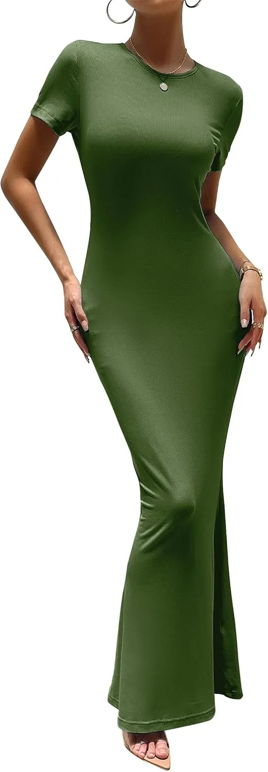 VintageClothing Women's Summer Bodycon Maxi Dress Casual Short Sleeve Y2k Sexy Tight Long Dresses Lounge Ribbed Tshirt Dress