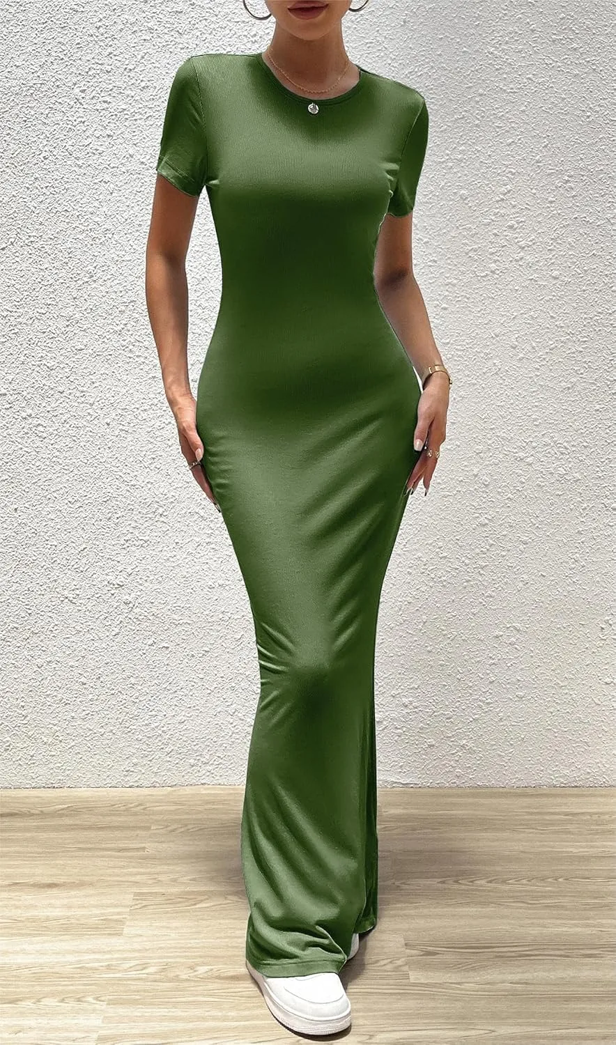 VintageClothing Women's Summer Bodycon Maxi Dress Casual Short Sleeve Y2k Sexy Tight Long Dresses Lounge Ribbed Tshirt Dress