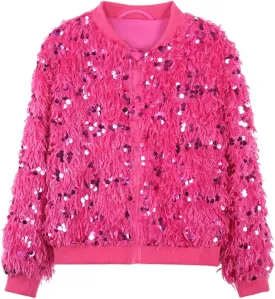 WELAKEN Girls Faux Feather Sequin Jacket Shiny Long Sleeve Zip Up Coat with Pockets 5-12Y