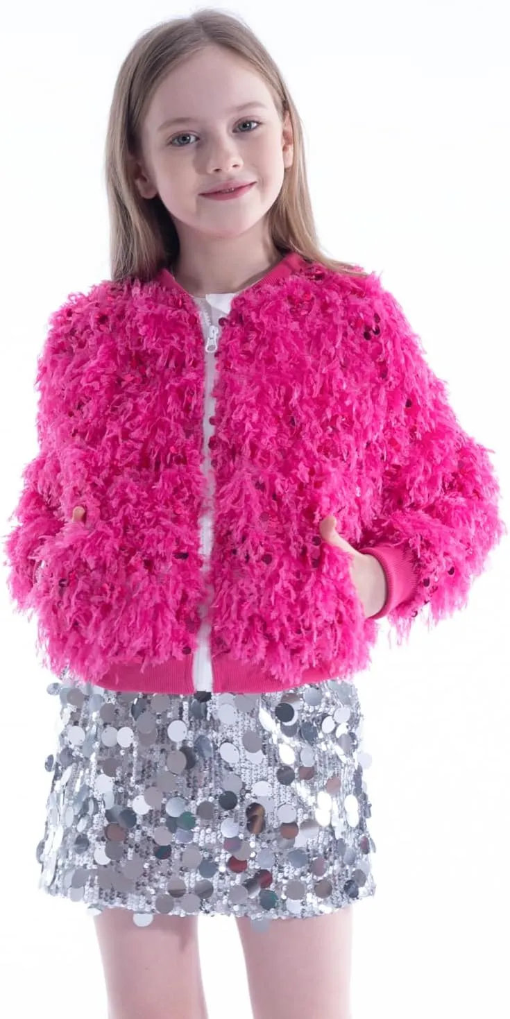 WELAKEN Girls Faux Feather Sequin Jacket Shiny Long Sleeve Zip Up Coat with Pockets 5-12Y