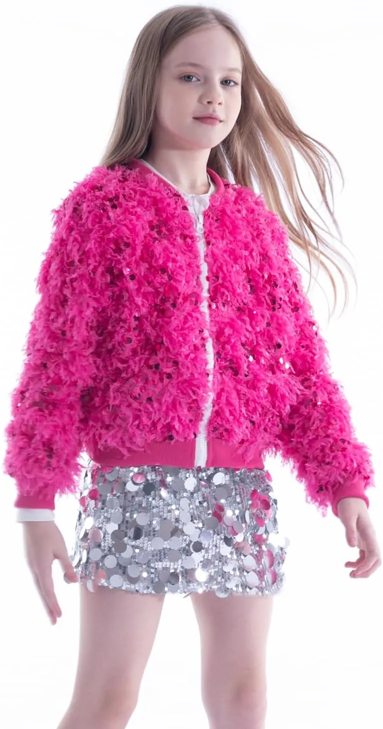 WELAKEN Girls Faux Feather Sequin Jacket Shiny Long Sleeve Zip Up Coat with Pockets 5-12Y
