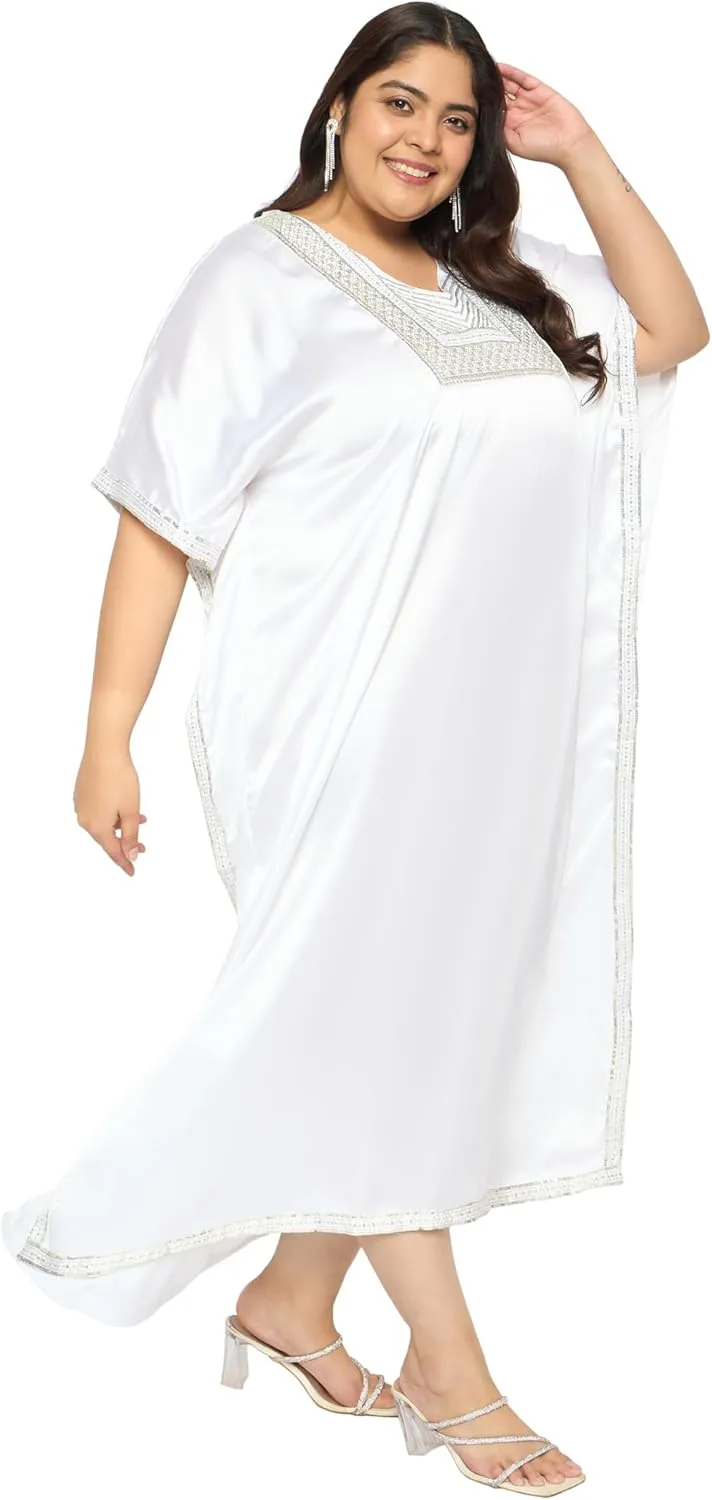 Women Plus Size Kaftan Dress Stylish Satin Sequences Maxi Evening Cover Up Dresses Kimono Sleeve Casual Wear
