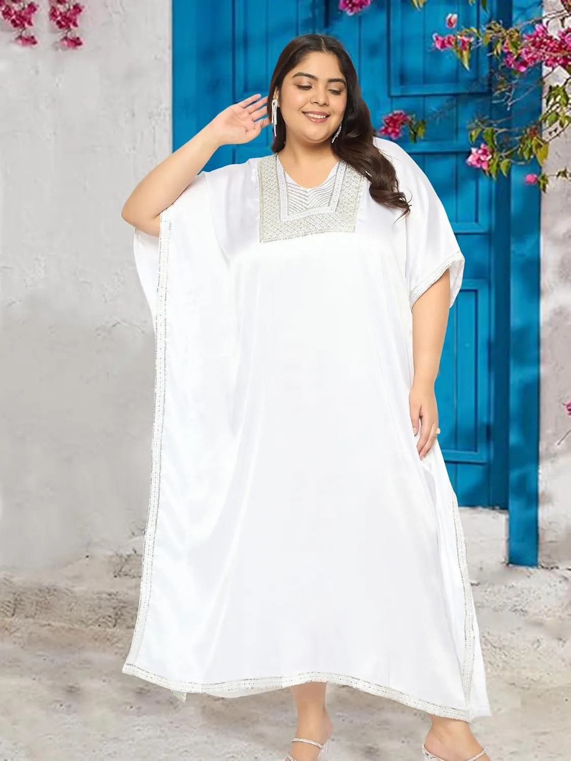 Women Plus Size Kaftan Dress Stylish Satin Sequences Maxi Evening Cover Up Dresses Kimono Sleeve Casual Wear