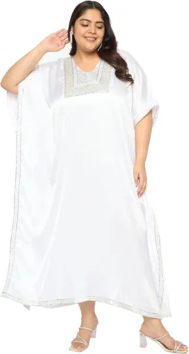 Women Plus Size Kaftan Dress Stylish Satin Sequences Maxi Evening Cover Up Dresses Kimono Sleeve Casual Wear