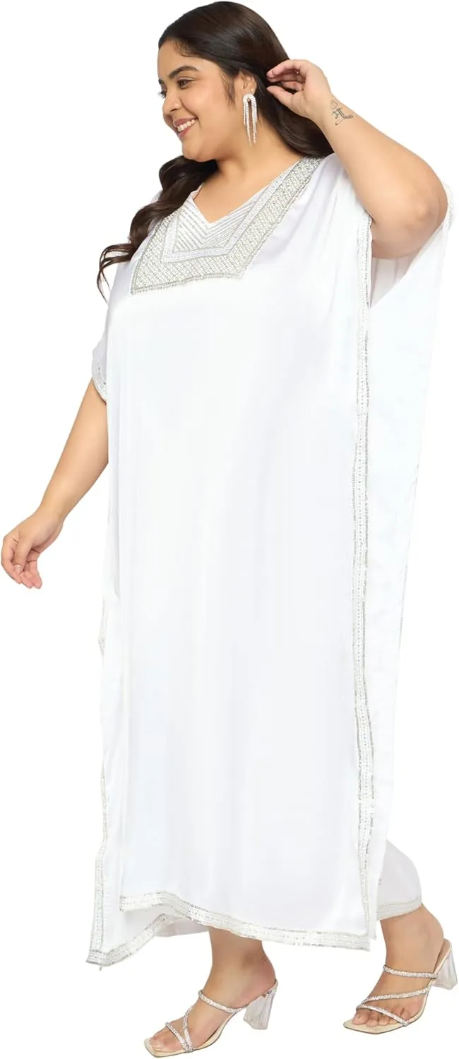 Women Plus Size Kaftan Dress Stylish Satin Sequences Maxi Evening Cover Up Dresses Kimono Sleeve Casual Wear