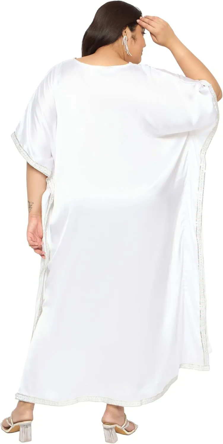 Women Plus Size Kaftan Dress Stylish Satin Sequences Maxi Evening Cover Up Dresses Kimono Sleeve Casual Wear